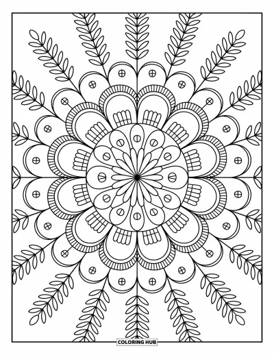 Fargeleggingsark med mønsterdesign for voksne: Bregneblader og frøbelger krøller seg gjennom geometriske mandala-sirkler i et rolig mønster