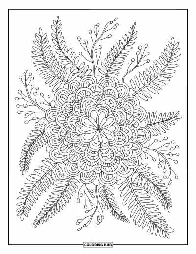 Fargeleggingsark med mønsterdesign for voksne: Blomster-mandala-sirkler kombineres med bregneblader og frøbelger i en balansert komposisjon