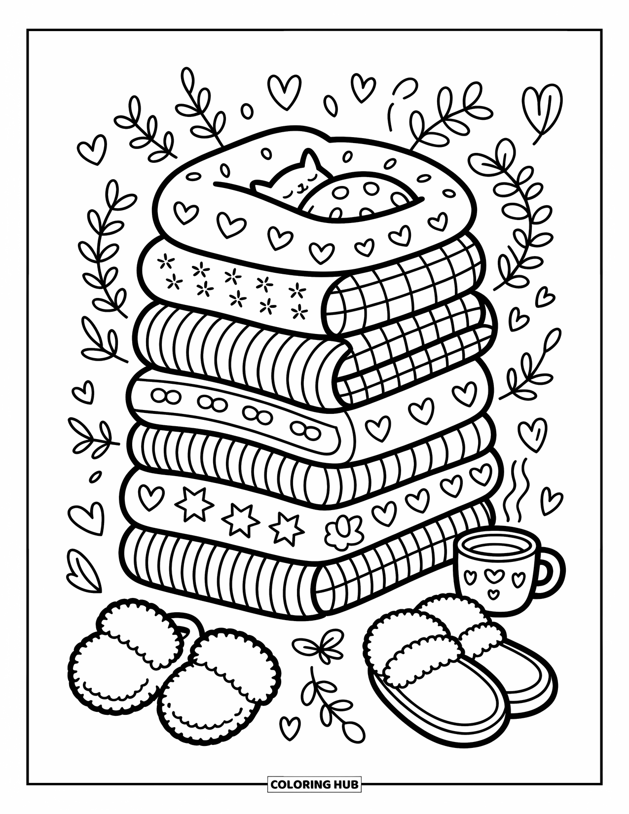 Pattern Coloring Page for Adults: Folded sweaters with cute patterns sit with slippers, steam mugs, and leafy vines