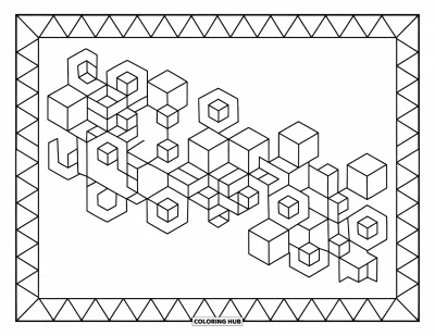 Fargeleggingsark med mønsterdesign for voksne: Geometriske kuber og sekskanter kobler seg i et fascinerende mønster med trekant-kantaksenter