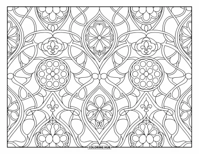 Fargeleggingsark med mønsterdesign for voksne: Gotiske vinduer, buer og fleur-de-lis kobler seg gjennom svingende vinstokker og skriftrullere