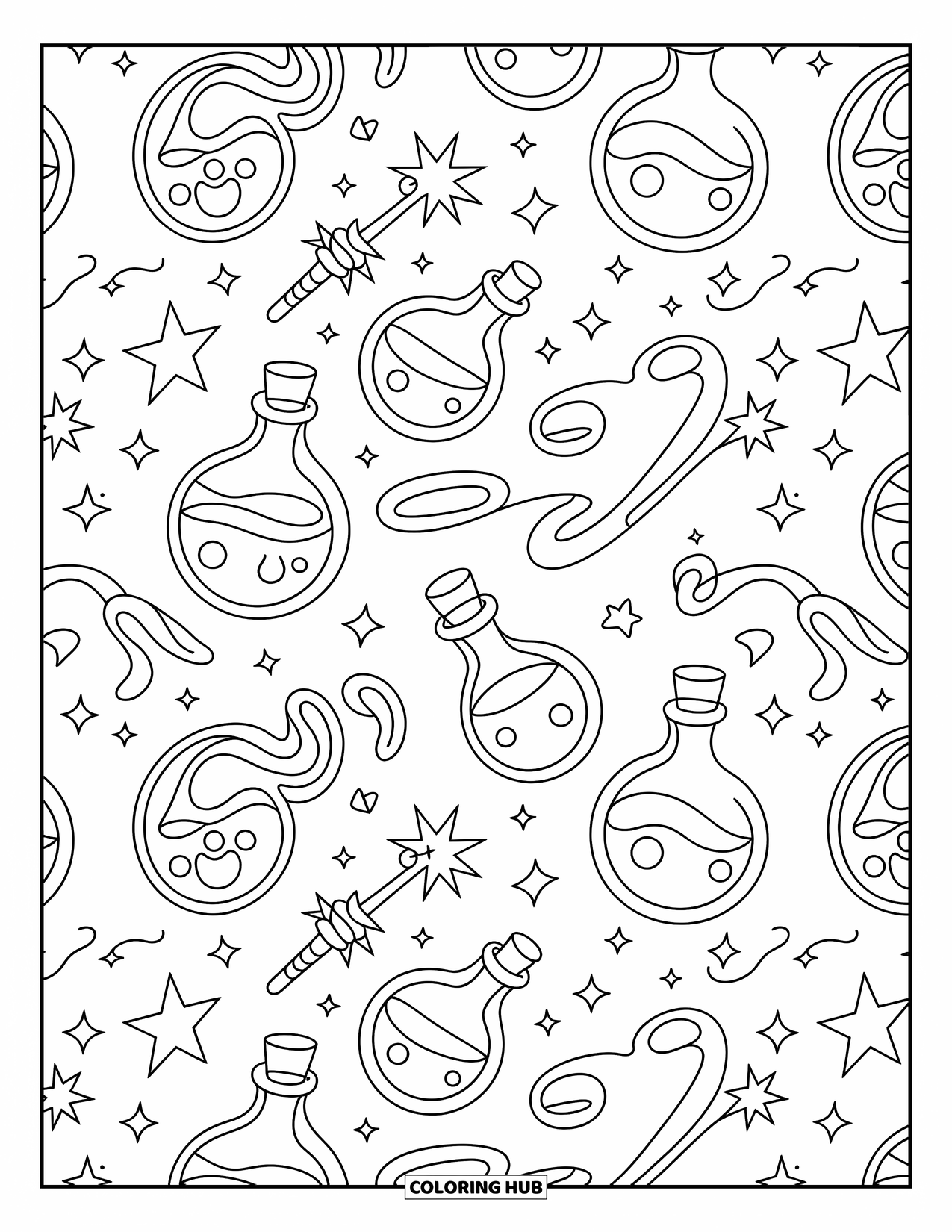 Pattern Coloring Page for Adults: Happy potions, stars, and wands dance in a cute, magical design