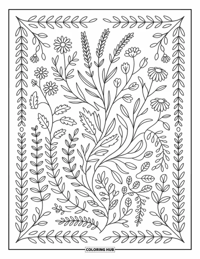 Fargeleggingsark med mønsterdesign for voksne: Urter og røtter vever seg med blomster, vinstokker og blader i en detaljert botanisk scene