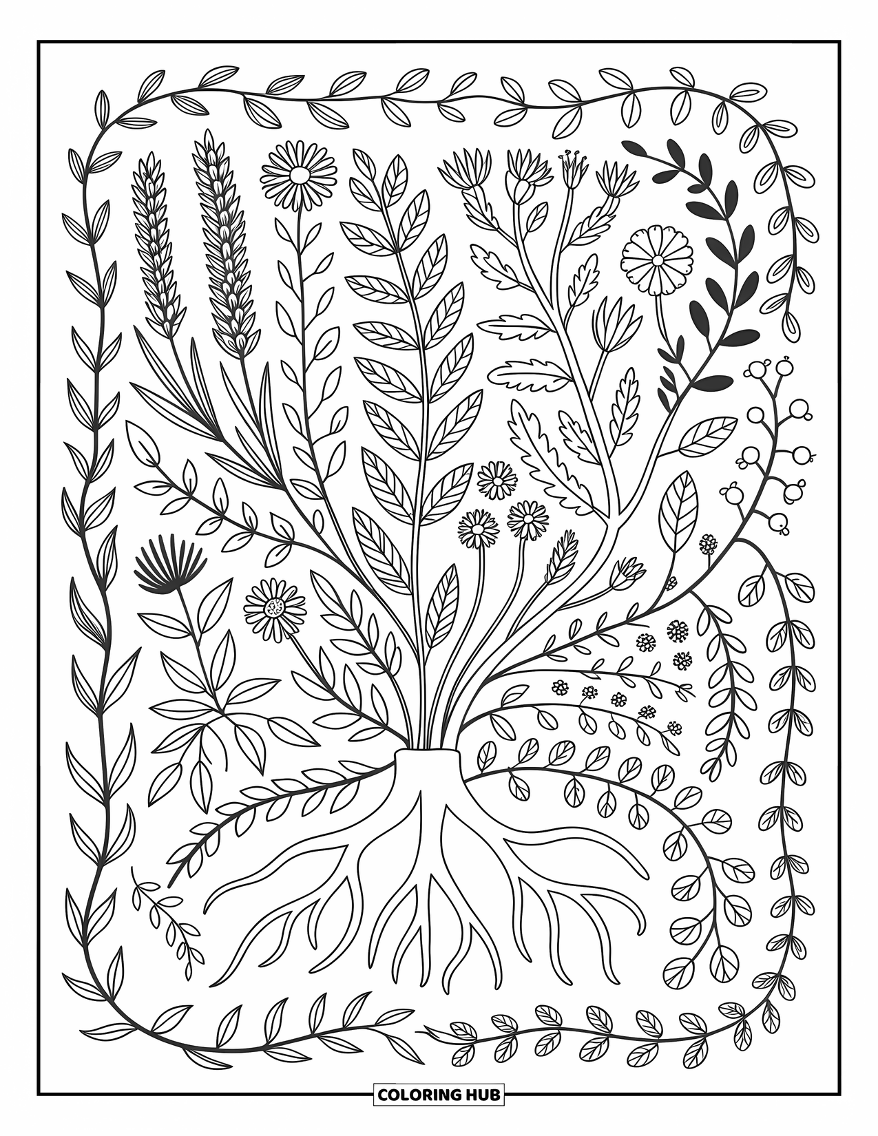 Pattern Coloring Page for Adults: Lavender, chamomile, and wild roots twist with vines in a leafy, floral layout