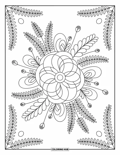 Fargeleggingsark med mønsterdesign for voksne: Mandalas og bregner blandes med bittesmå frøbelger i et delikat, naturinspirent mønster