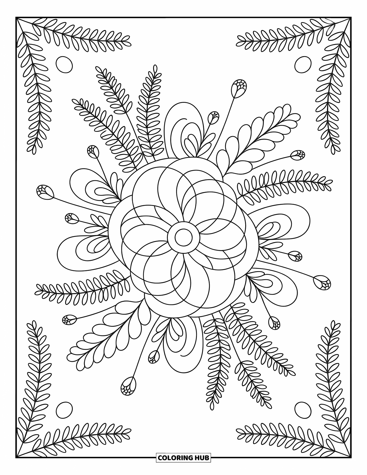 Pattern Coloring Page for Adults: Mandalas and ferns blend with tiny seed pods in a delicate, nature-inspired design