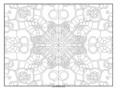 Fargeleggingsark med mønsterdesign for voksne: Mosaikk-flisbiter skaper en mandala av svingende blomster- og geometriske mønstre