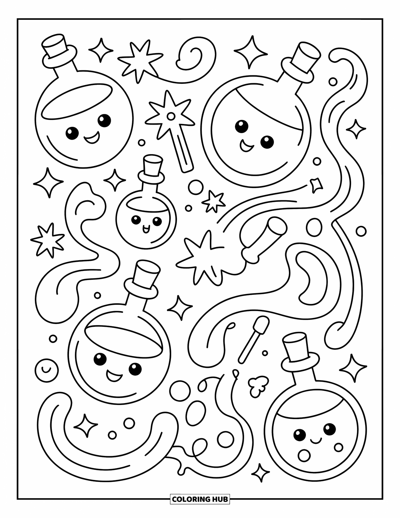 Pattern Coloring Page for Adults: Potion bottles and sparkly wands swirl with stars in a magical repeating pattern