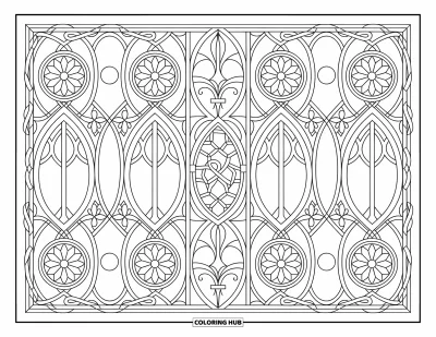 Fargeleggingsark med mønsterdesign for voksne: Rosvinduer og spissede buer fyller siden med balansert gotisk eleganse