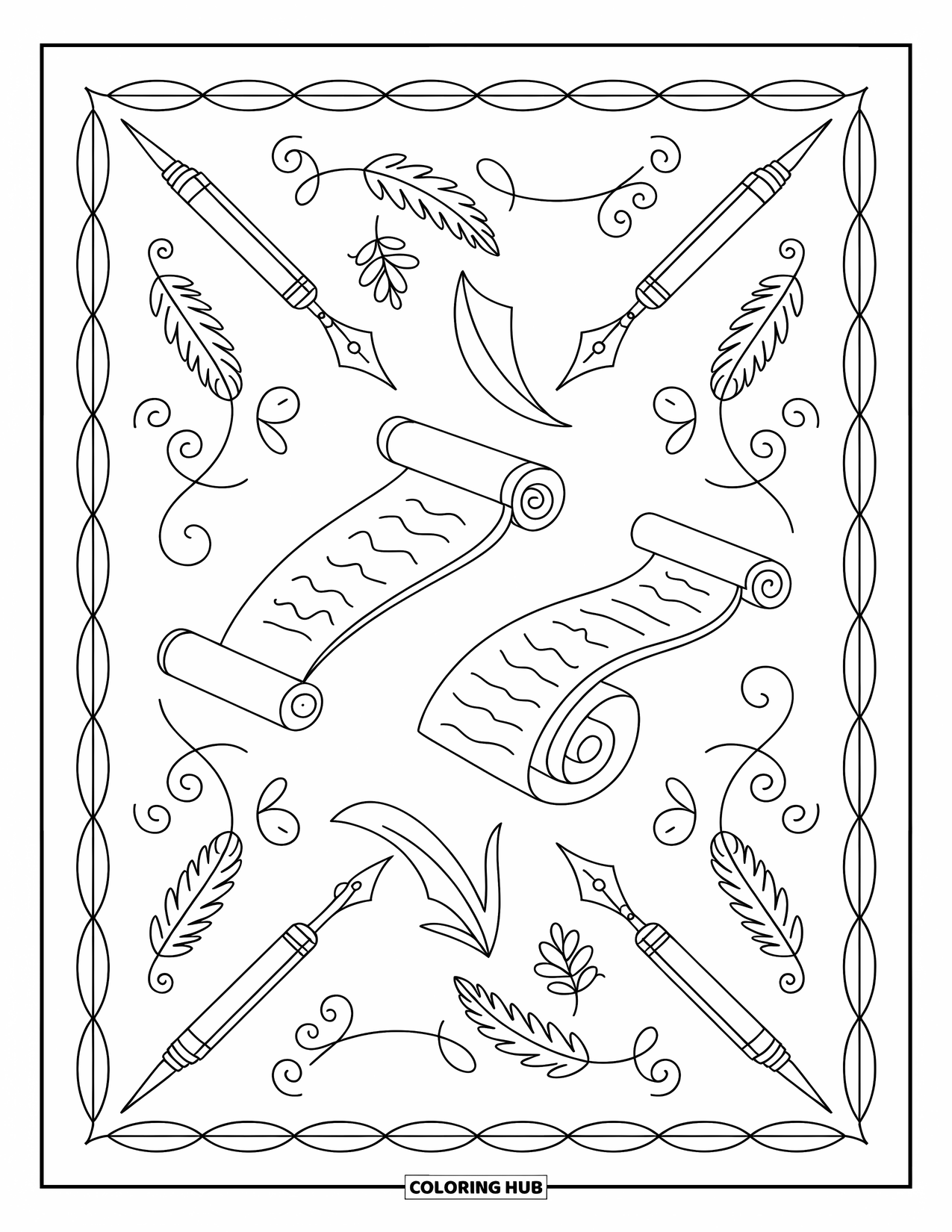 Pattern Coloring Page for Adults: Scrolls, ink pens, and quills form a detailed mandala with floral accents