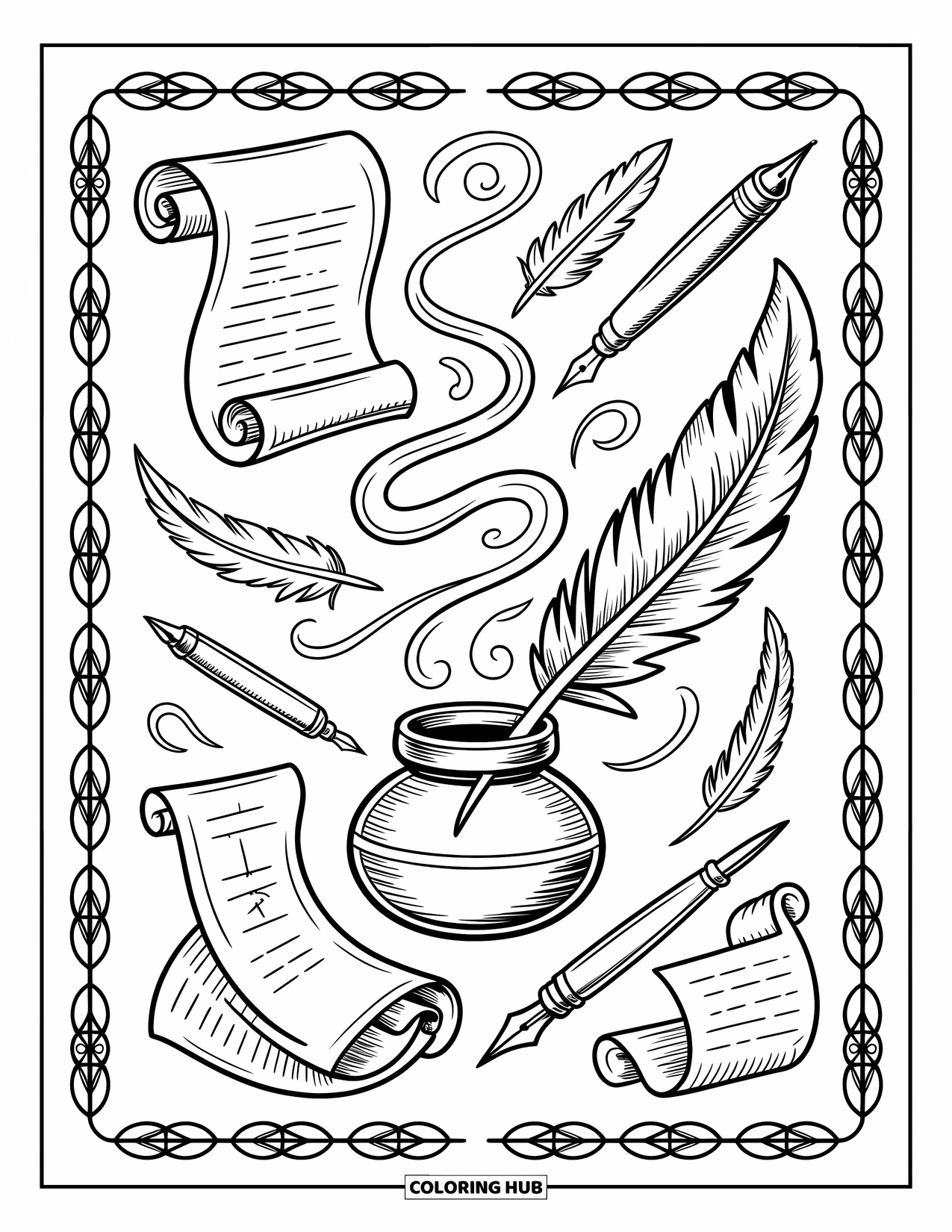 Pattern Coloring Page for Adults: Scrolls, quills, and inkwells swirl with words like "wisdom" and "knowledge"