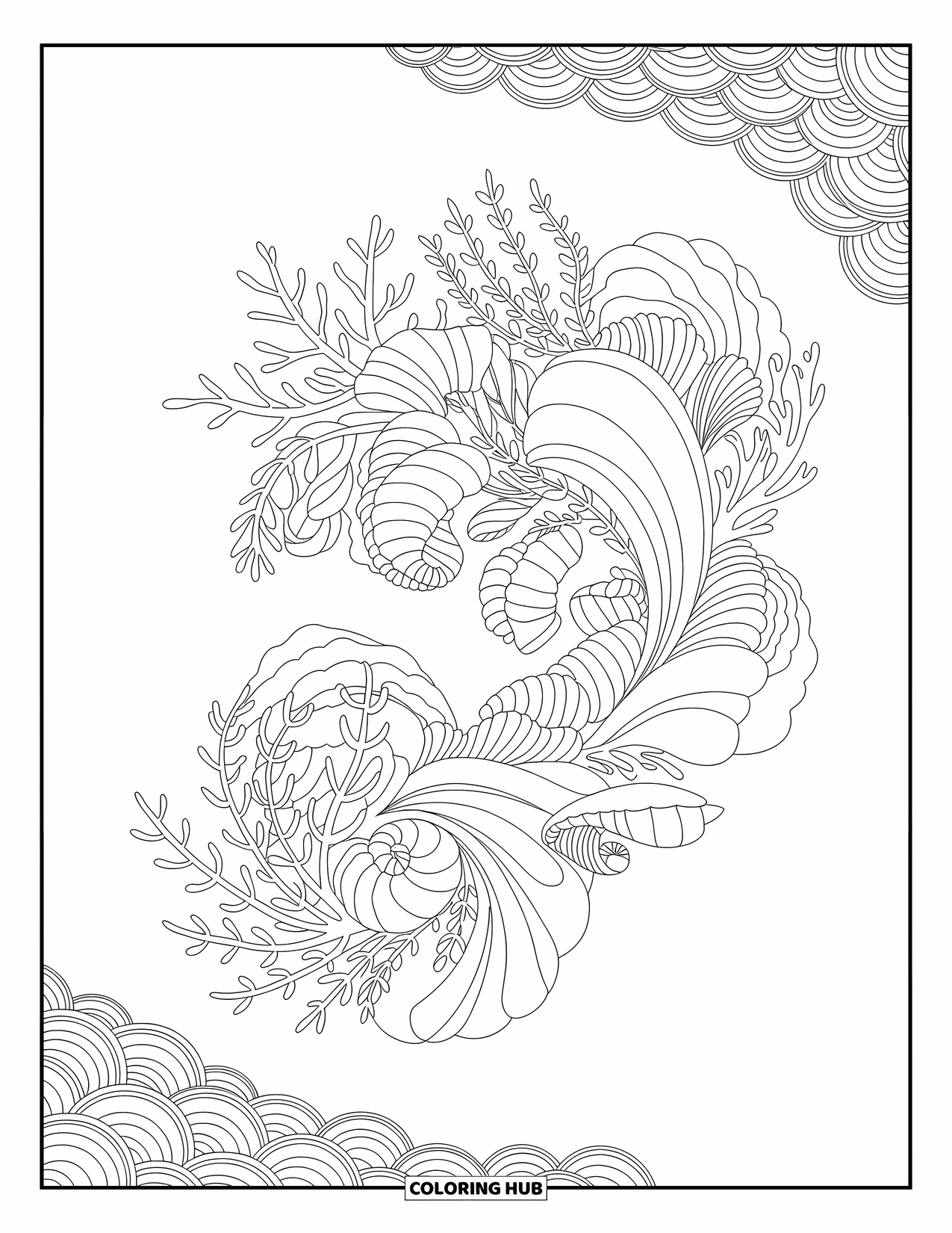 Pattern Coloring Page for Adults: Shells, waves, and coral weave through a serene, symmetrical sea-inspired pattern