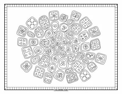 Fargeleggingsark med mønsterdesign for voksne: Stiliserte fliser med mønstre som trekanter og stjerner danner en mandala med dekorative kanter
