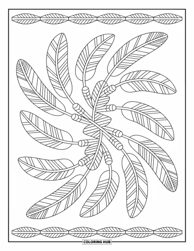 Fargeleggingsark med mønsterdesign for voksne: Stammemønstre med fjær, chevron og perler vever seg gjennom et rytmisk sirkulært mønster