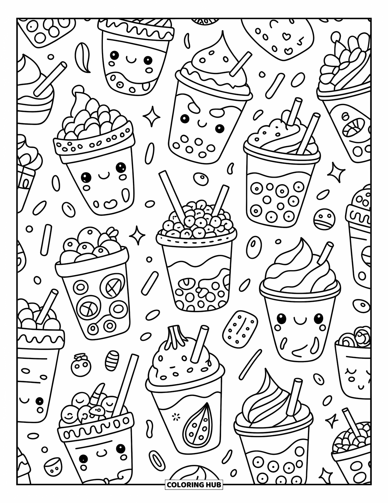 Pattern Coloring Page for Adults: Whimsical boba cups with toppings and sparkles create a fun and friendly pattern