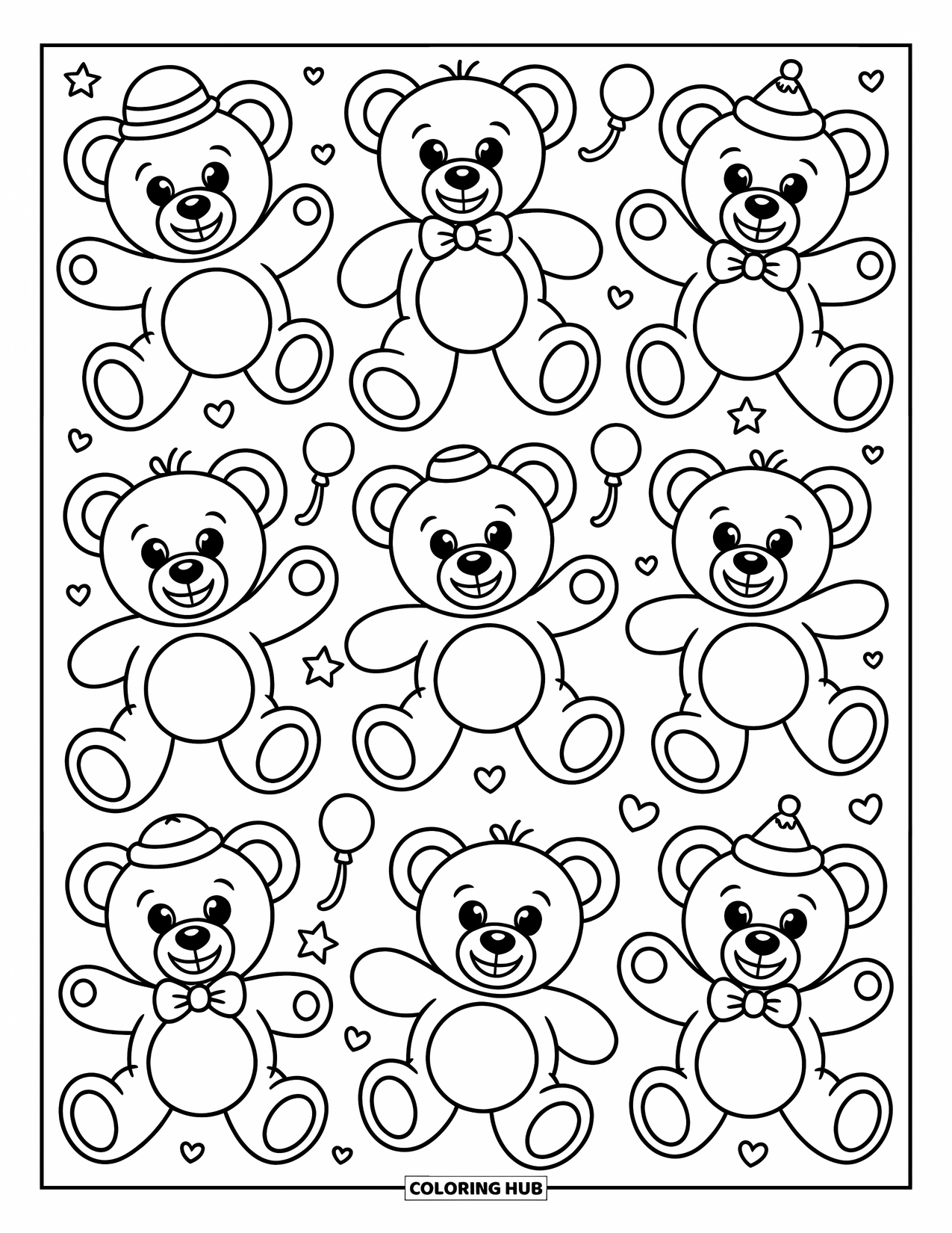 Pattern Coloring Page for Kids: Bears with bow ties and balloons play among hearts and stars in neat rows