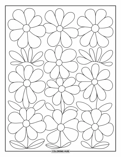 Fargeleggingsark med mønsterdesign for barn: Store blomster med prikker og virvelformer blomstrer over siden i et gledelig mønster