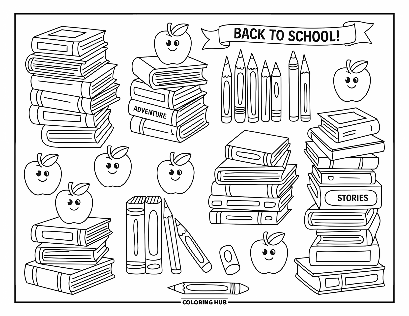 Pattern Coloring Page for Kids: Books, pencils, and apples gather under a "Back to School!" banner with playful energy