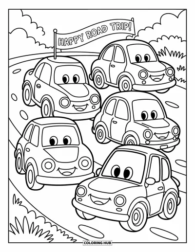 Fargeleggingsark med mønsterdesign for barn: Tegneseriebilder av biler med store hjul og smil står på rekke under et "Happy Road Trip!"-banner