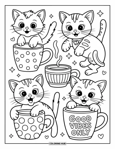 Fargeleggingsark med mønsterdesign for barn: Katter og kaffekopper sitter sammen med striper, blomster og "Good Vibes Only"