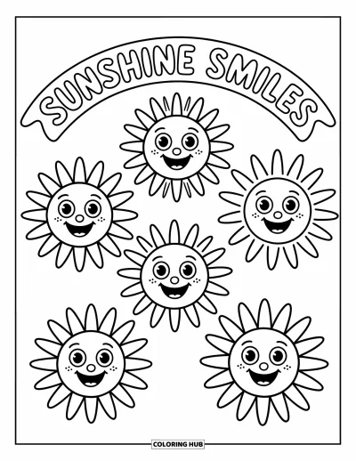 Fargeleggingsark med mønsterdesign for barn: Glade soler stråler med ulike stråler under et "Sunshine Smiles"-banner