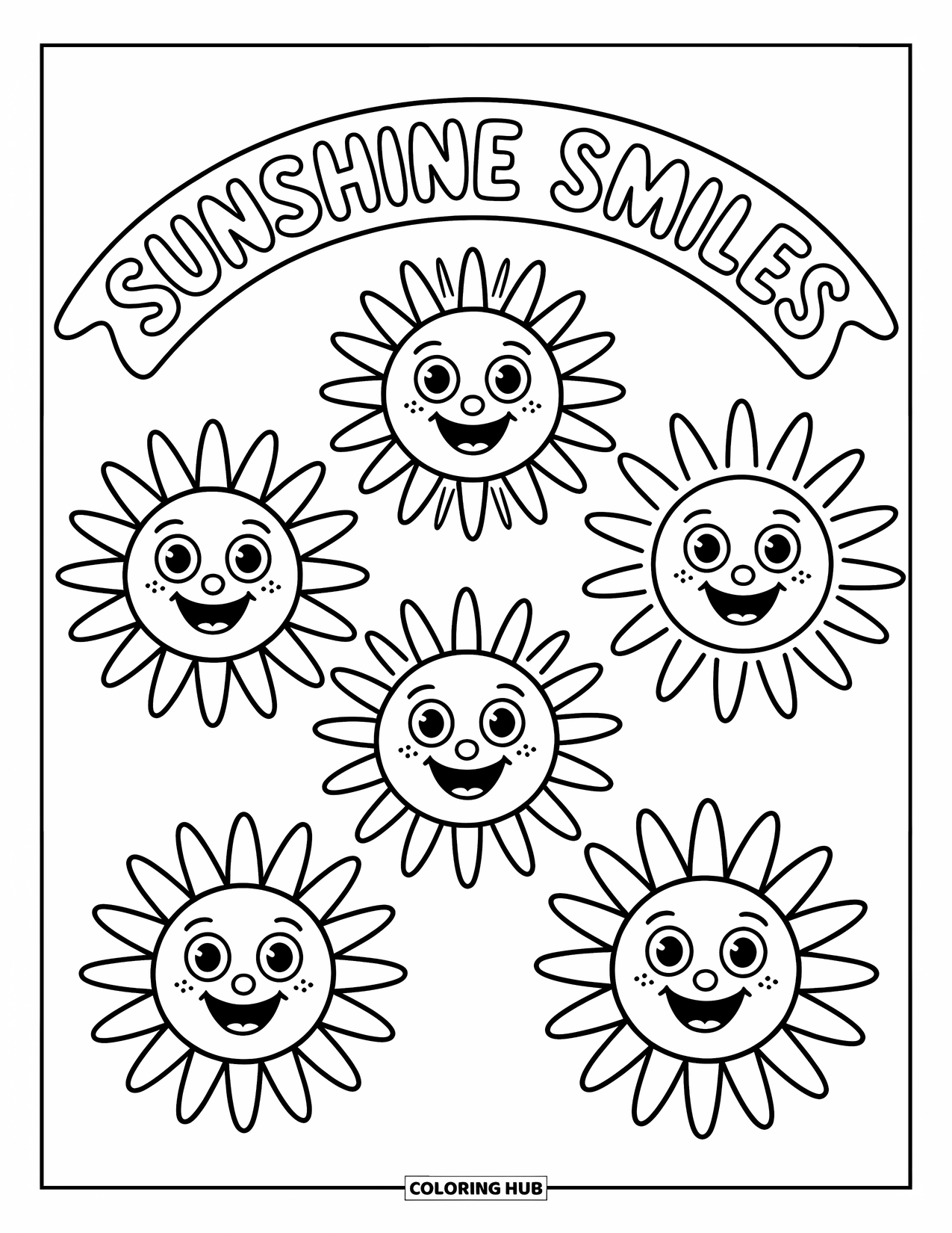 Pattern Coloring Page for Kids: Cheerful suns beam with different rays under a "Sunshine Smiles" banner