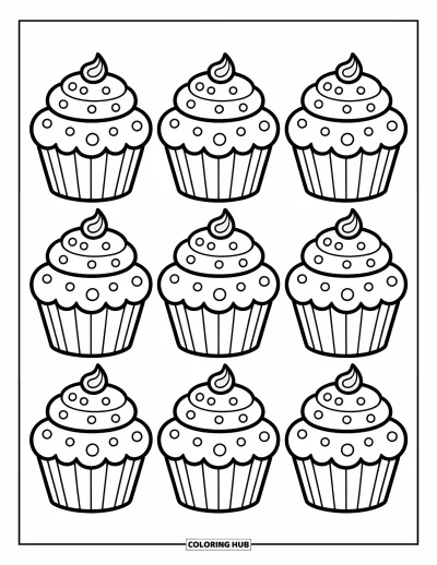 Fargeleggingsark med mønsterdesign for barn: Cupcakes med stjerner, sløyfer og godteritopper sitter i rader for søt, kreativ moro