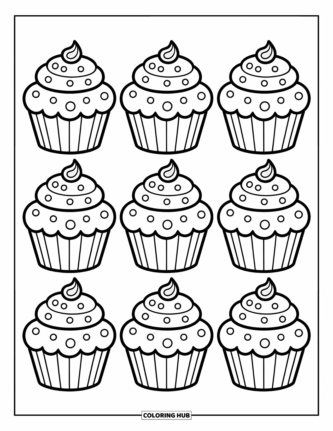 Pattern Coloring Page for Kids: Cupcakes with stars, bows, and candy toppers sit in rows for sweet, creative fun