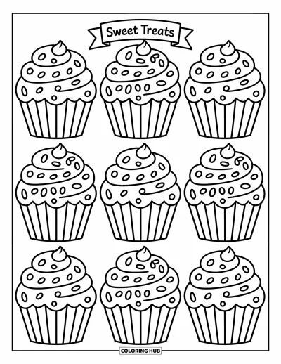 Fargeleggingsark med mønsterdesign for barn: Cupcakes med virvelformer, dryss og sløyfer står på rekke under et "Sweet Treats"-banner