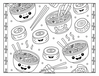 Fargeleggingsark med mønsterdesign for barn: Søte sushirulls og ramen-boller med toppinger danser i et smakfullt, morsomt mønster