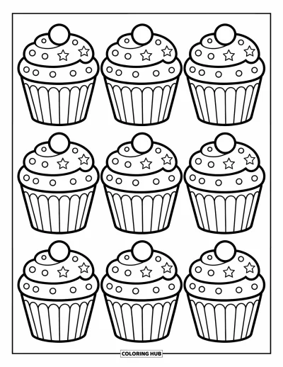 Fargeleggingsark med mønsterdesign for barn: Dekorerte cupcakes med dryss og virvelformer gjentar seg i et morsomt og gledelig mønster