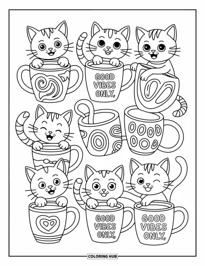 Fargeleggingsark med mønsterdesign for barn: Uttrykksfulle katter krøller seg rundt kopper med stjerner, striper og "Purrfect Brew"-bannere