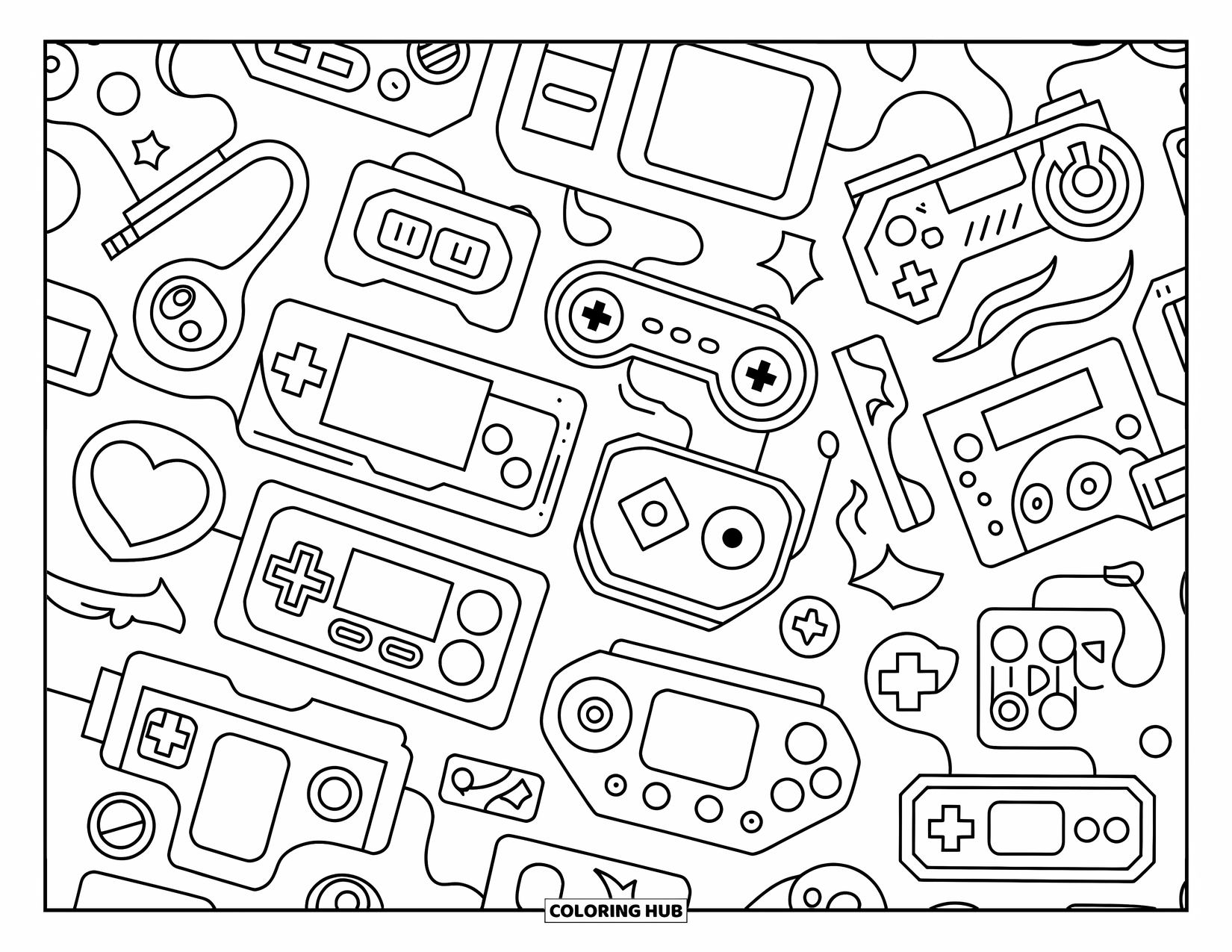 Pattern Coloring Page for Kids: Gaming gear, hearts, and stars create a cool layout full of playful energy