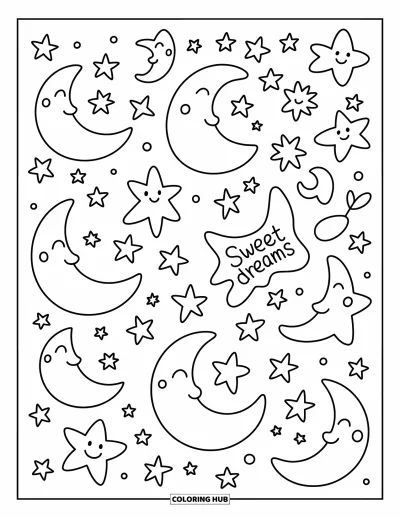 Fargeleggingsark med mønsterdesign for barn: Glade måner og stjerner driver i en nattehimmel med "Sweet Dreams" skrevet i stjernene