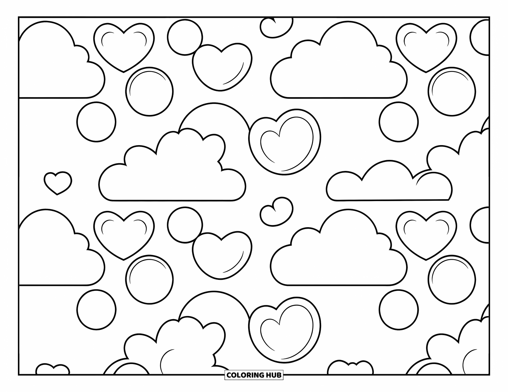 Pattern Coloring Page for Kids: Hearts, clouds, and circles play together in a cozy and happy layout
