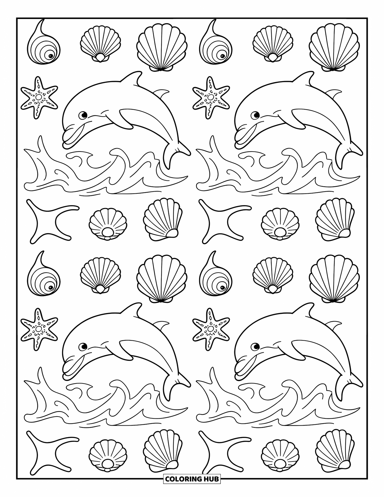 Pattern Coloring Page for Kids: Jumping dolphins, seashells, and waves form a bright underwater grid