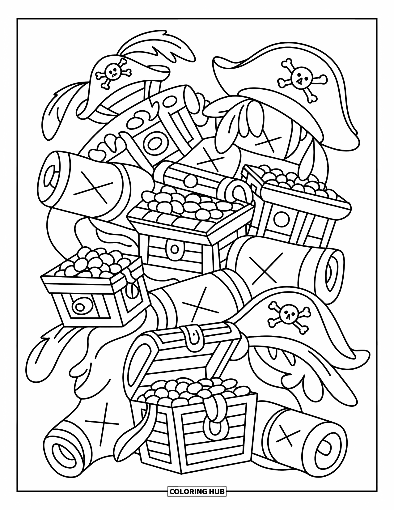 Pattern Coloring Page for Kids: Overflowing chests and pirate hats swirl with maps marked with playful "X"s