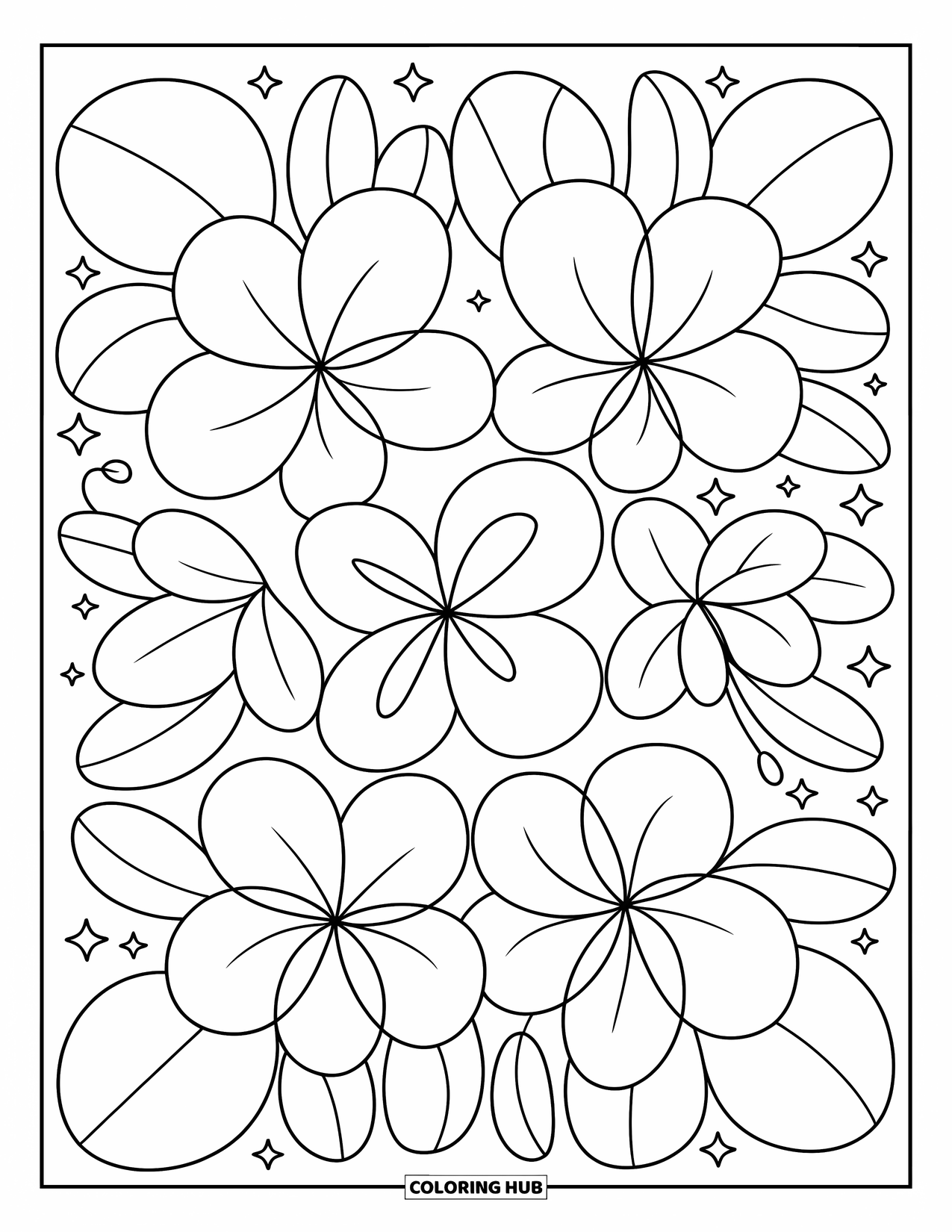Pattern Coloring Page for Kids: Oversized flowers with stars and leaves spin in a magical, circular layout