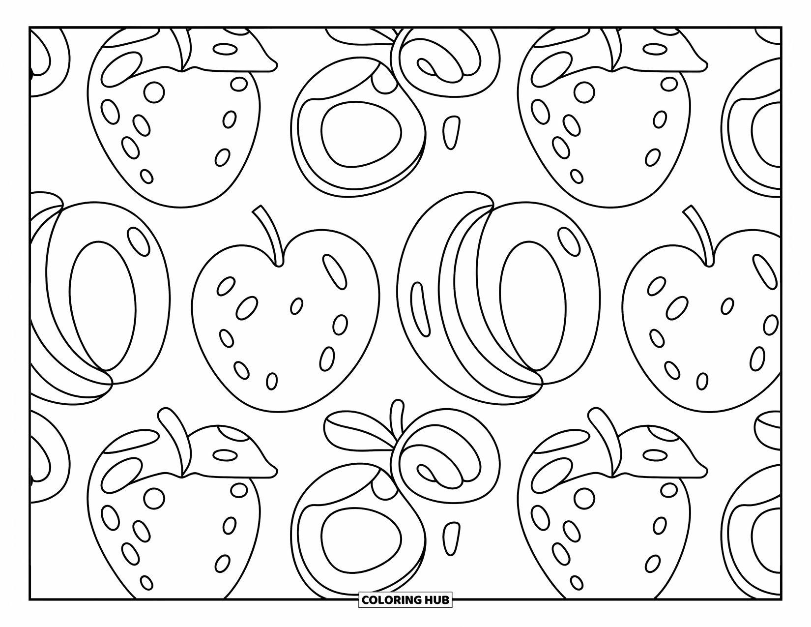 Pattern Coloring Page for Kids: Playful fruits like apples and strawberries repeat with dots, swirls, and fun shapes
