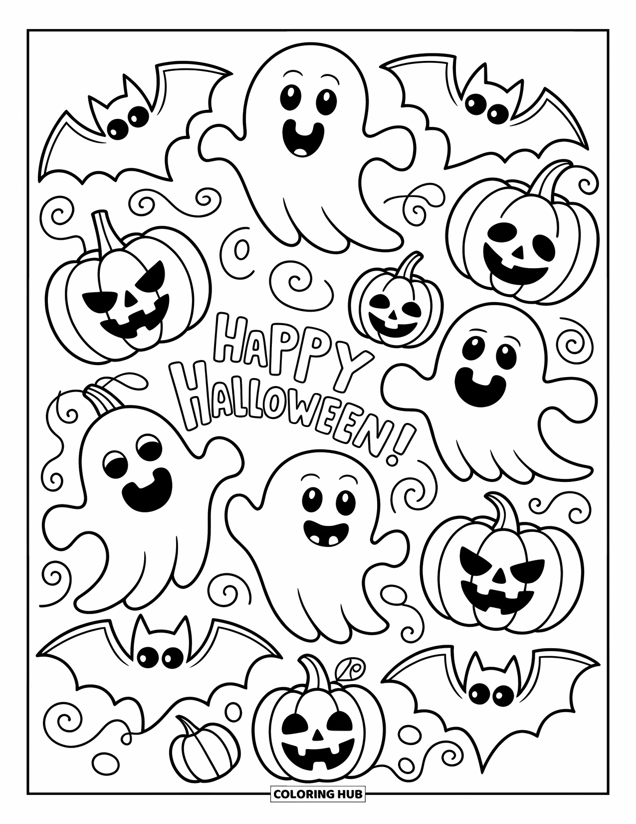Pattern Coloring Page for Kids: Playful ghosts, jack-o'-lanterns, and big-eyed bats float in a fun Halloween loop