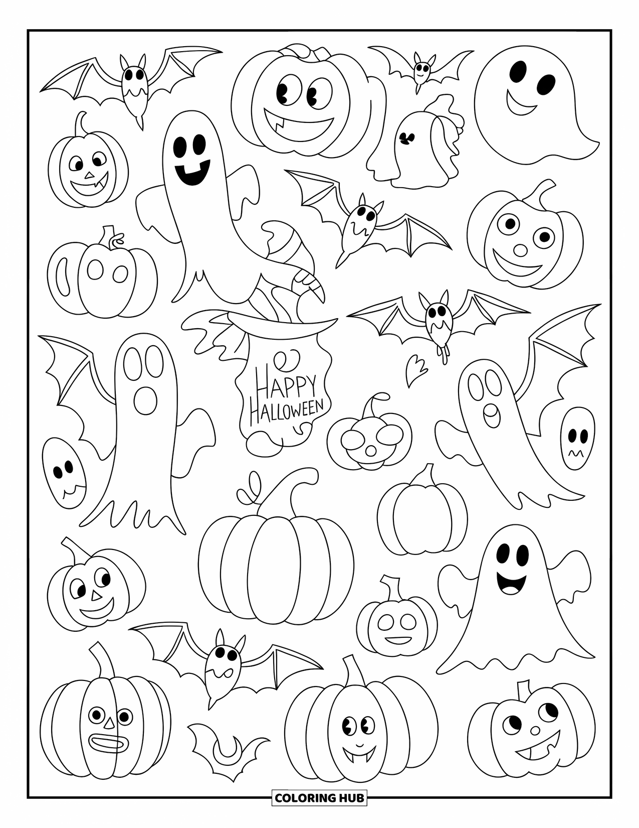 Pattern Coloring Page for Kids: Pumpkins, bats, and smiling ghosts spin in a fun Halloween circle