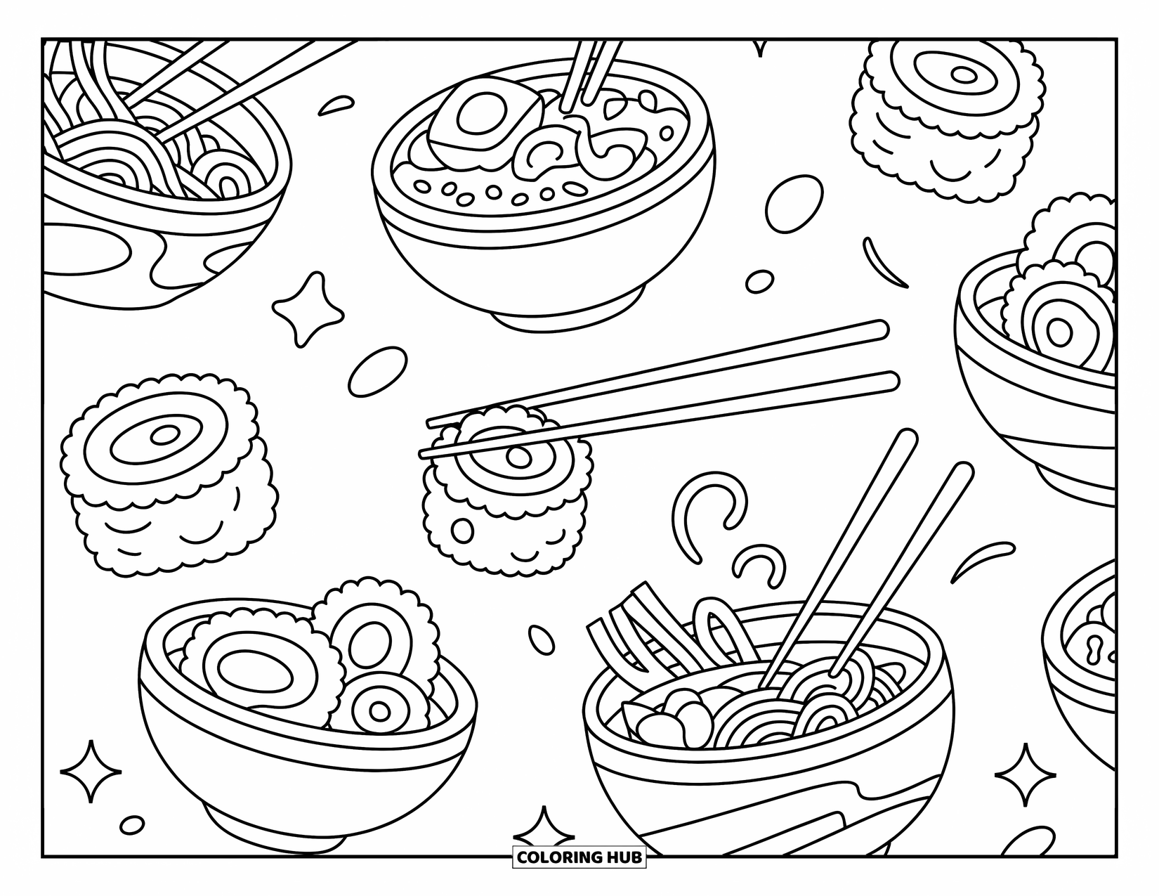 Pattern Coloring Page for Kids: Ramen, sushi, and crossed chopsticks mix with stars and bubbles in a playful setup