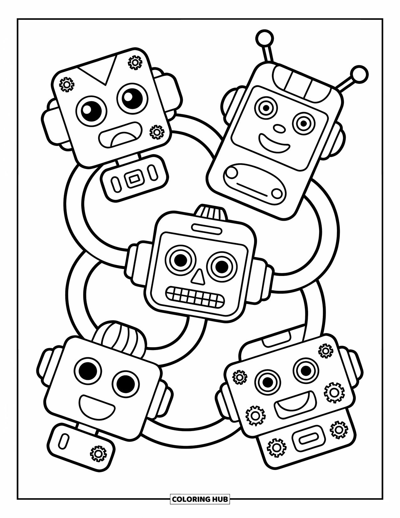 Pattern Coloring Page for Kids: Robot heads with fun shapes and gears connect in a cheerful circular loop