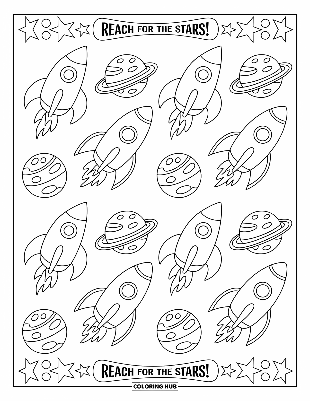 Pattern Coloring Page for Kids: Rockets zoom and planets spin with stars in a bold outer space scene