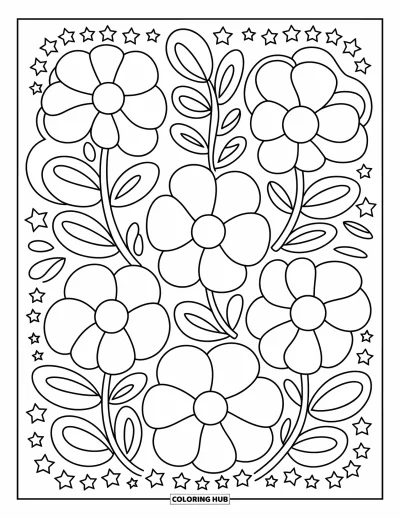 Fargeleggingsark med mønsterdesign for barn: Runde blomster og snodde stilker blomstrer med stjerner og hjerter i en leken løkke