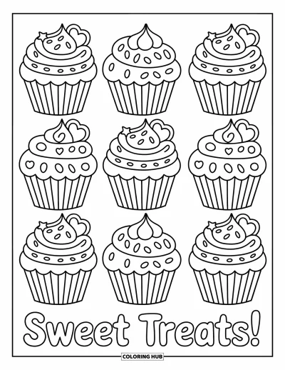 Fargeleggingsark med mønsterdesign for barn: Rader av cupcakes med kremtopper og godterihjerter danner et søtt, lekent mønster