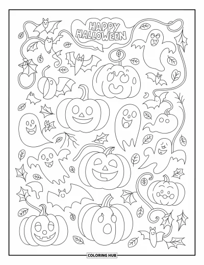 Fargeleggingsark med mønsterdesign for barn: Smilende gresskar, flaggermus og spøkelser svinger rundt "Happy Halloween" i en glad sirkel