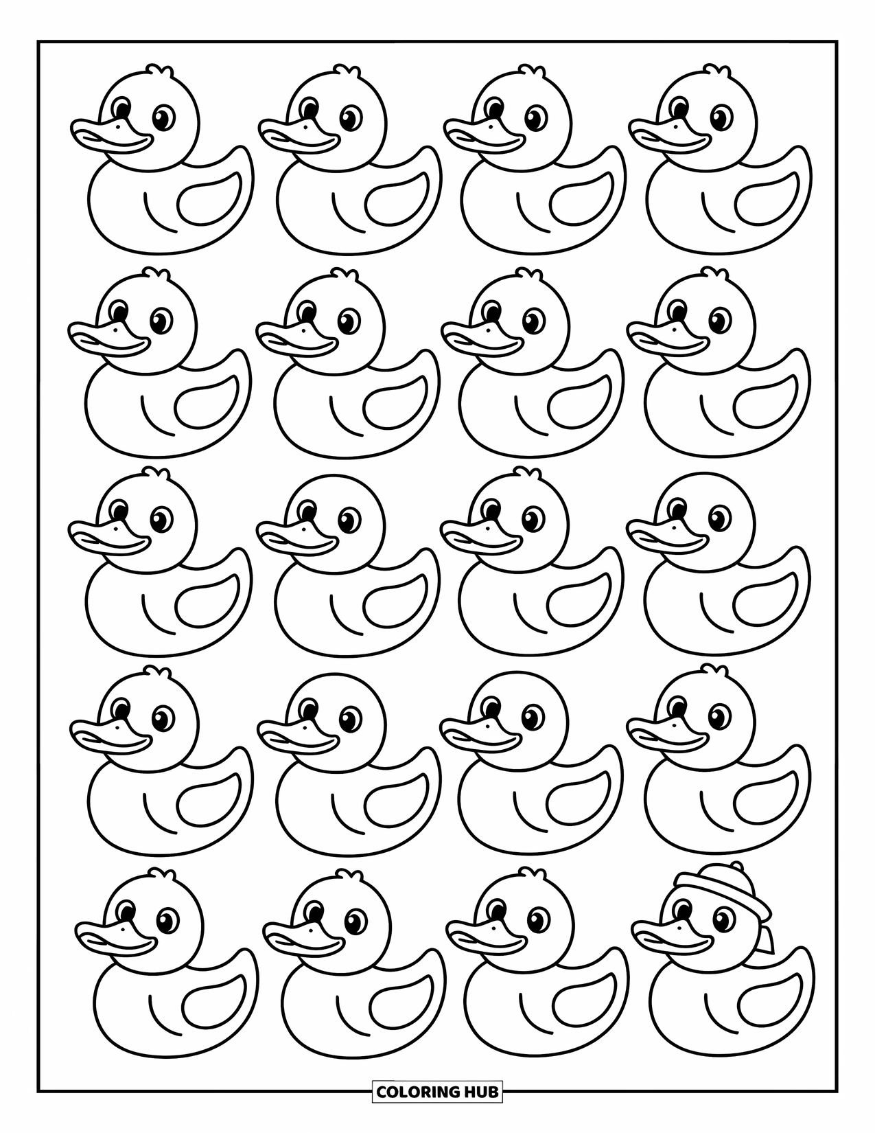 Pattern Coloring Page for Kids: Smiling rubber ducks with tiny accessories sit in neat rows, ready for fun
