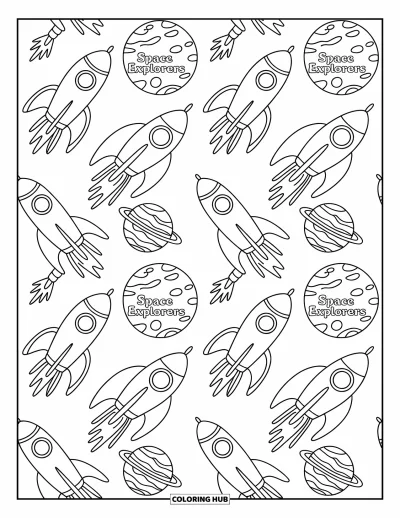 Fargeleggingsark med mønsterdesign for barn: Stiliserte raketter og ringede planeter svinger i rader med et "Reach for the Stars!"-skilt