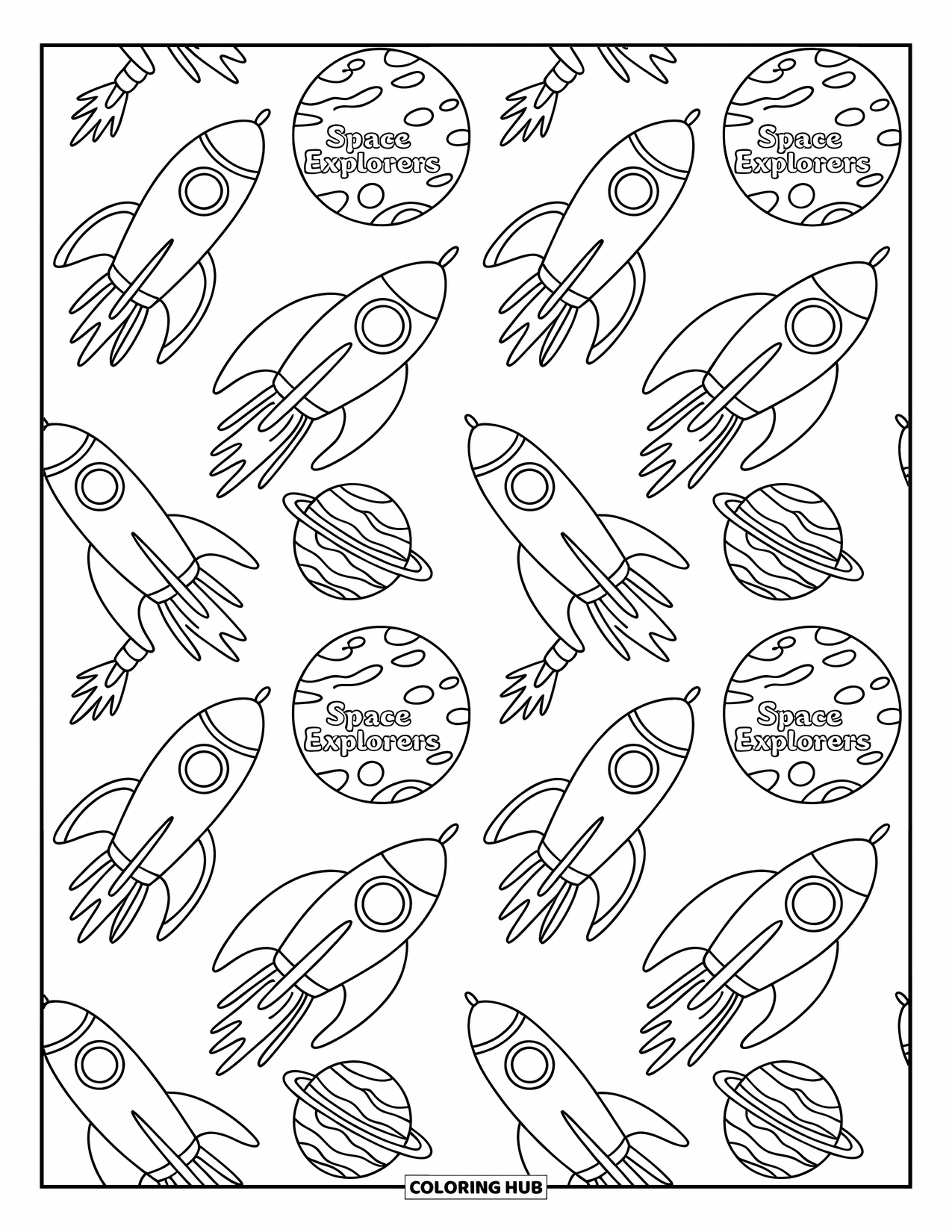 Pattern Coloring Page for Kids: Stylized rockets and ringed planets swirl in rows with a "Reach for the Stars!" sign
